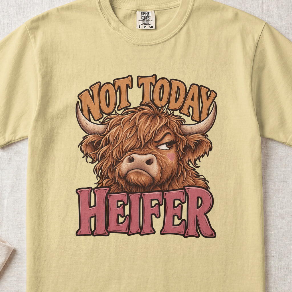Not Today Heifer Highland cow design on a Butter Comfort Colors 1717 T-shirt, flat lay