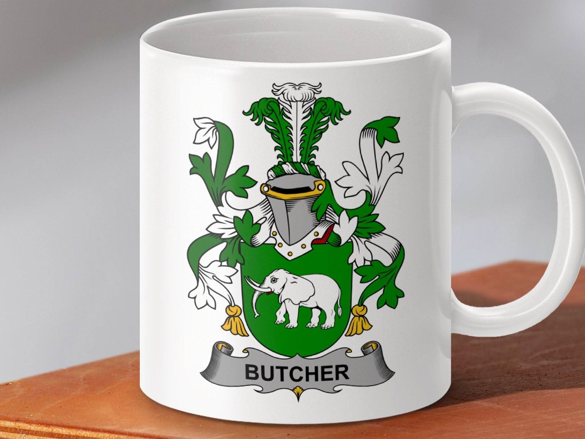 Butcher Surname Irish Family Crest Heraldry Art mug - Celtic Ancestry Gifts