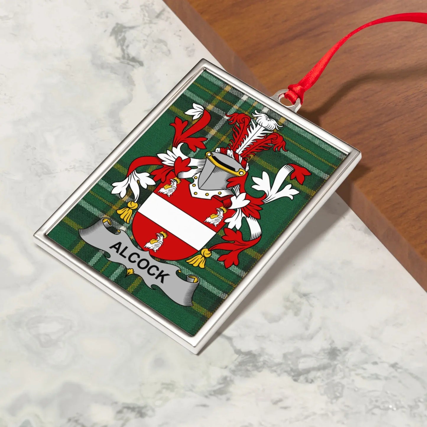 Alcock Family Crest Plaid Background Ornament product