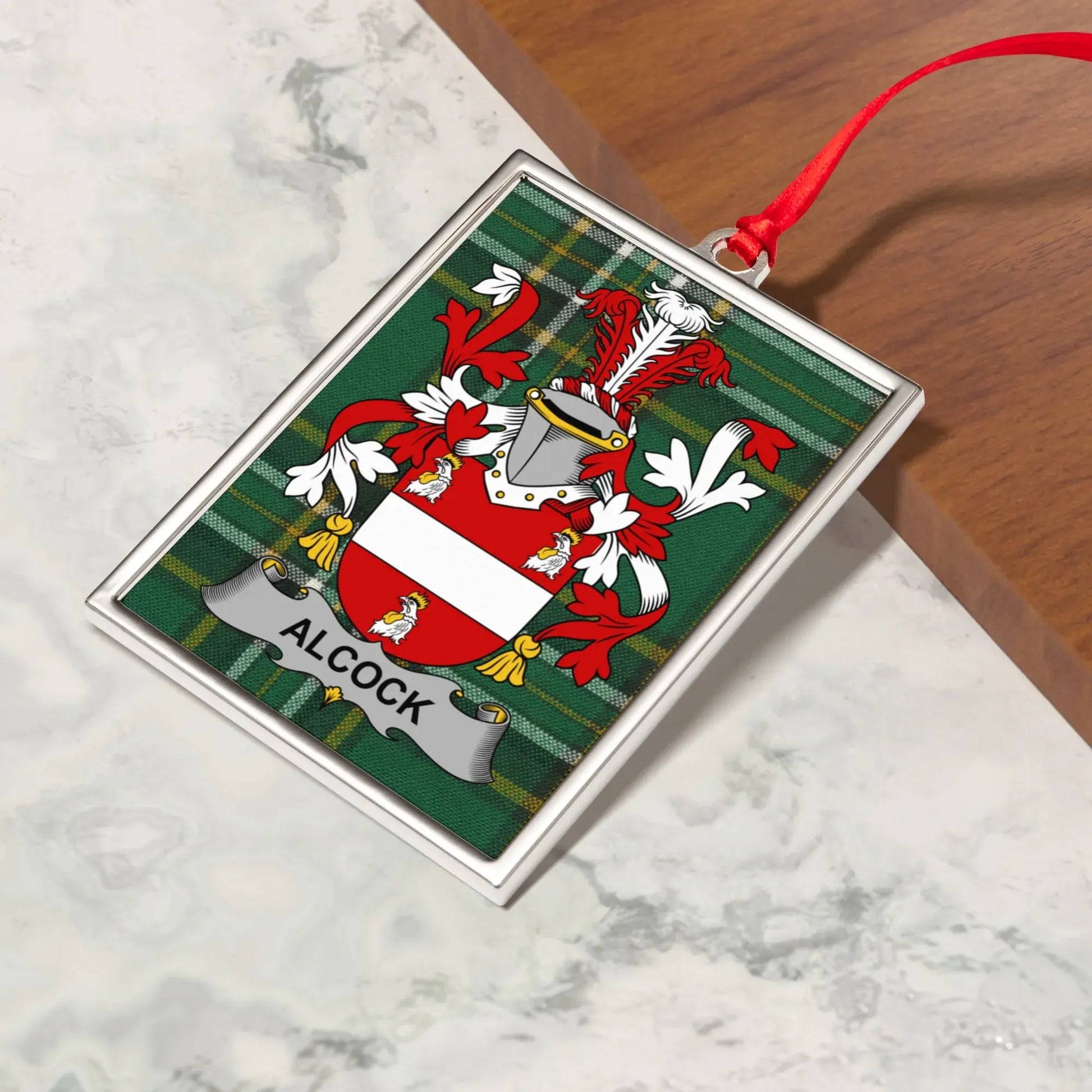 Alcock Family Crest Plaid Background Ornament product