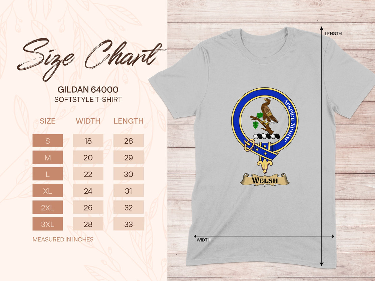 Gildan 64000 size chart for Welsh Scottish clan crest T-shirt
