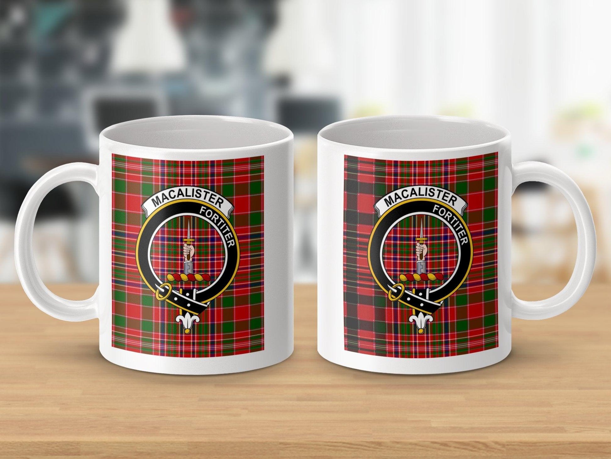 Clan MacAlister Fortiter Crest Plaid Tartan Design Mug - Living Stone Gifts