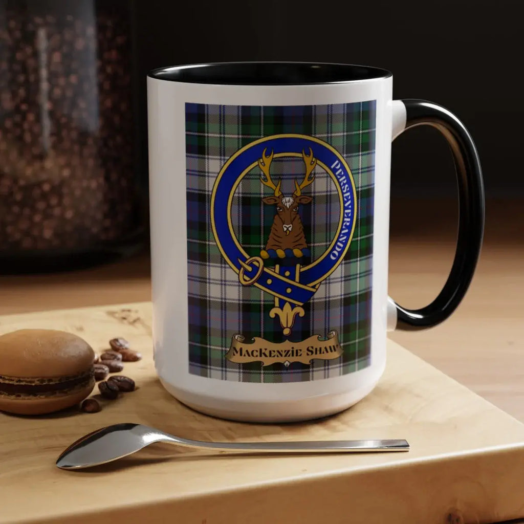 MacKenzie Shaw clan crest coffee mug — 11oz ceramic with Perseverando heraldic design