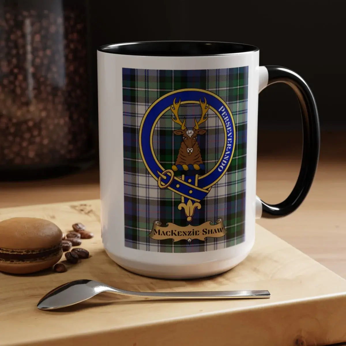 MacKenzie Shaw clan crest coffee mug — 11oz ceramic with Perseverando heraldic design