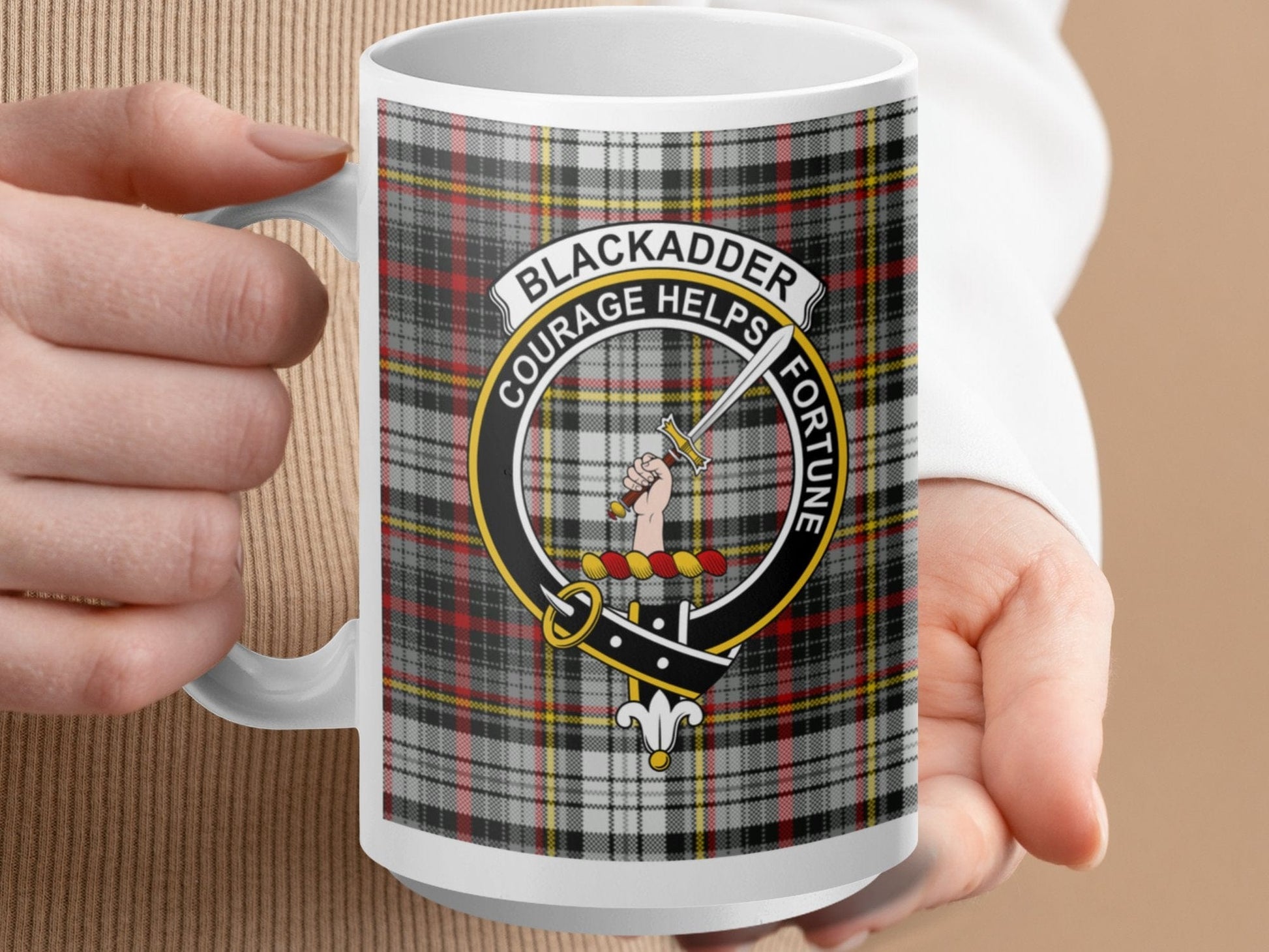 Blackadder Courage Helps Fortune Plaid Pattern Mug