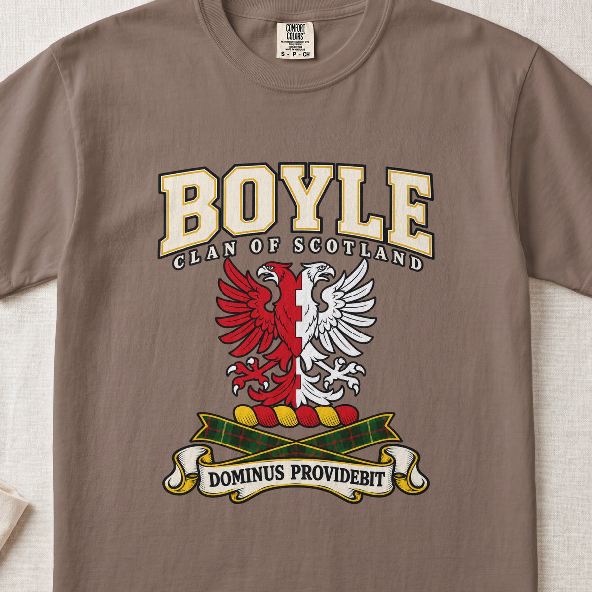 Boyle Scottish clan graphic T-shirt in Espresso, front view