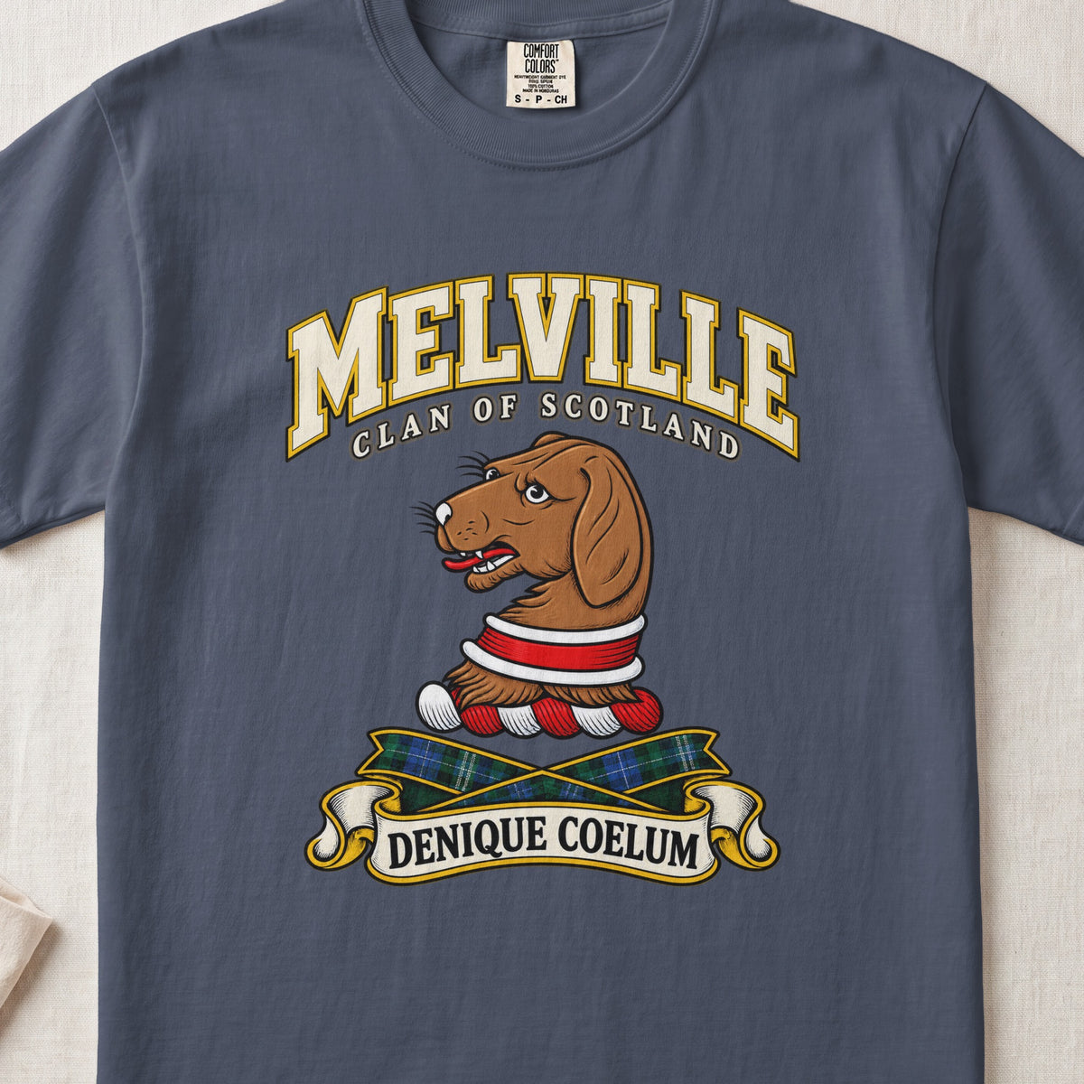 Melville Scottish clan T-shirt in Midnight, front view with a brown hound head with a red and white collar and motto banner.