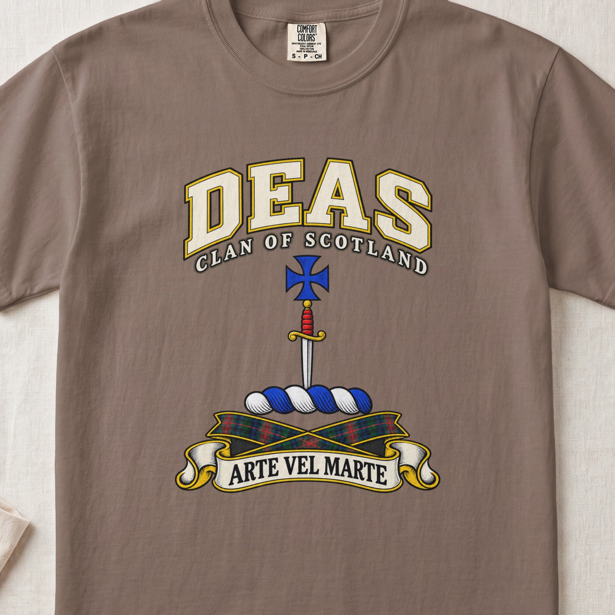 Deas Scottish clan T-shirt in Espresso, front view with a vertical dagger and blue cross and motto design.