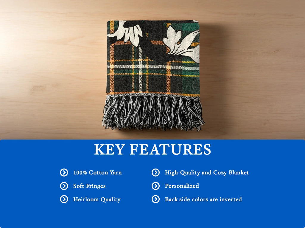 Plaid blanket with fringe and key features list.