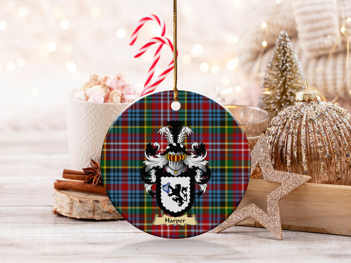 Double-sided Harper ceramic ornament with family shield and Caledonia tartan background