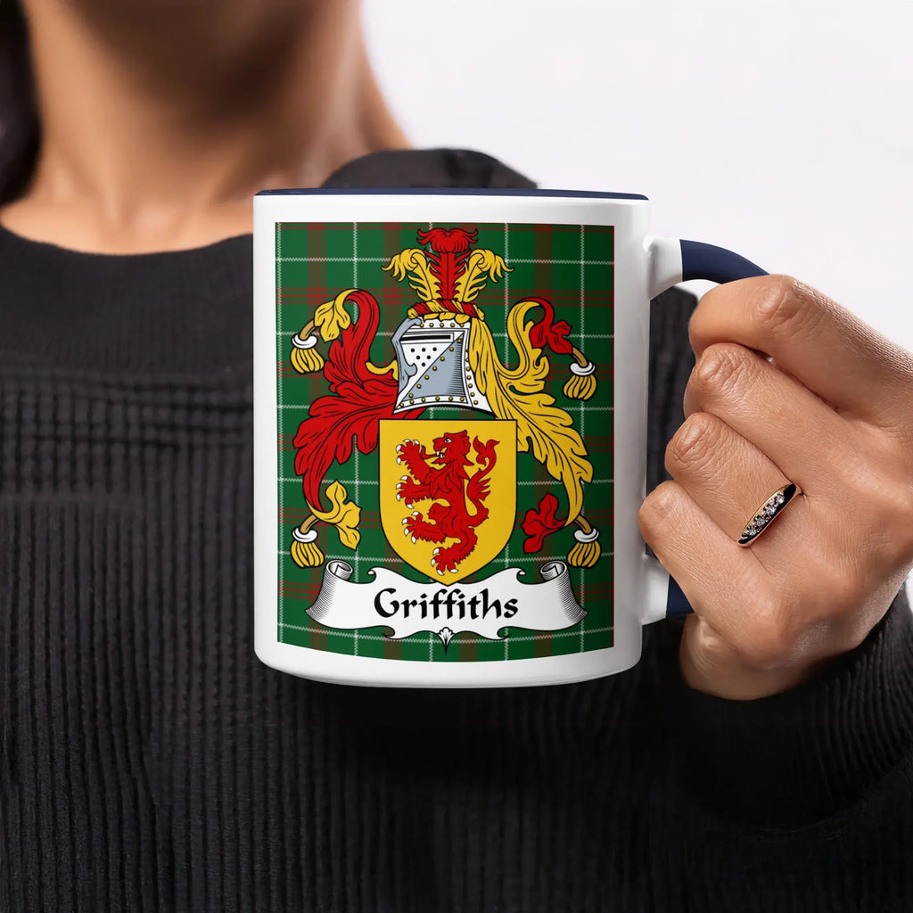 Griffiths Welsh ancestry gift mug with navy accent and family crest on green tartan