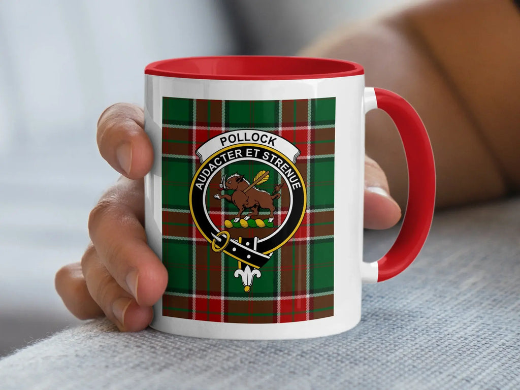 Clan Pollock tartan design accent mug — 15 oz with black handle, Scottish heritage design