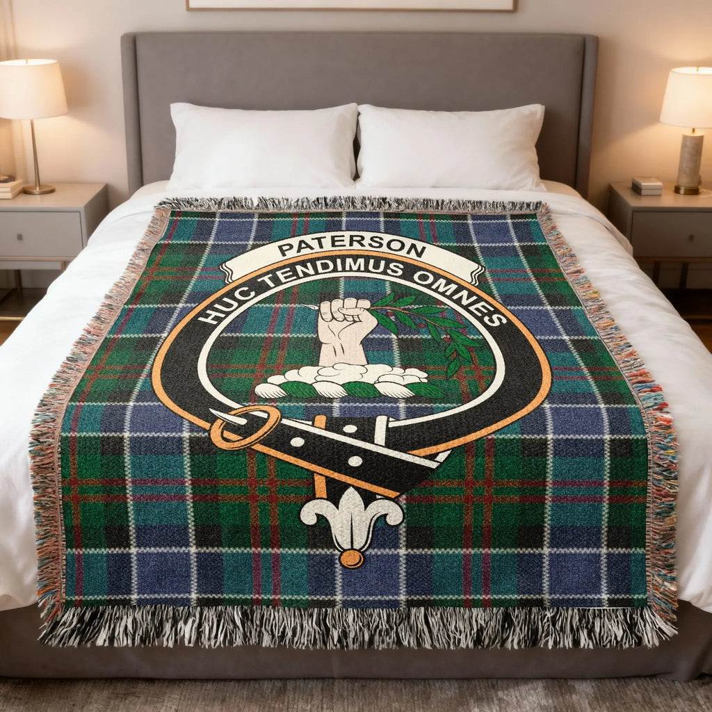 Clan Paterson woven tartan blanket — Huc Tendimus Omnes crest in full colour, fringe border, 60" x 50"