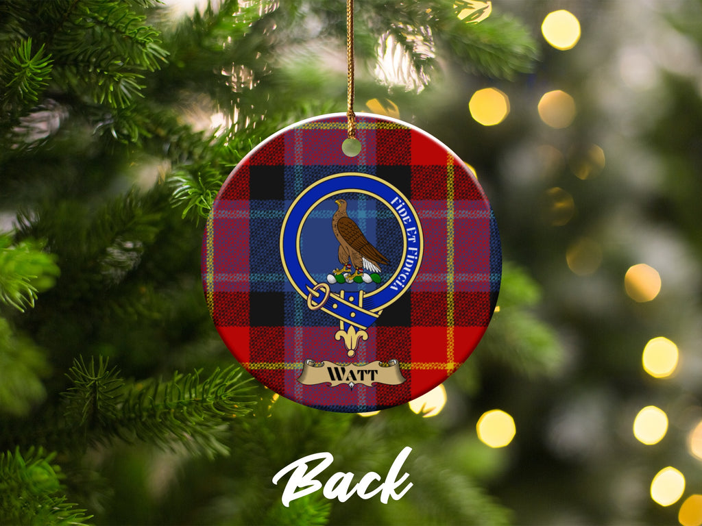 Watt family crest on tartan ceramic ornament — tree display