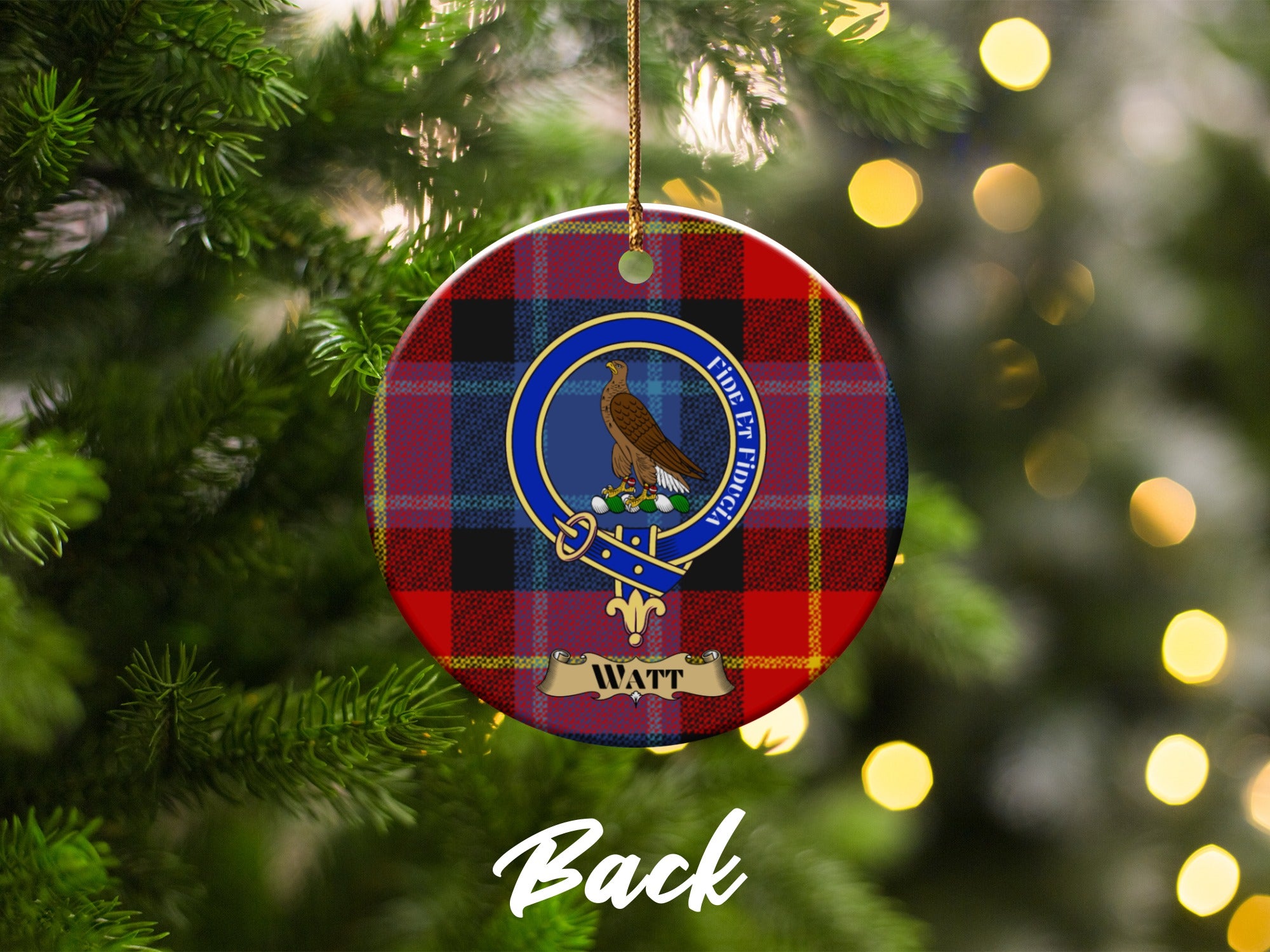 Watt family crest on tartan ceramic ornament — tree display