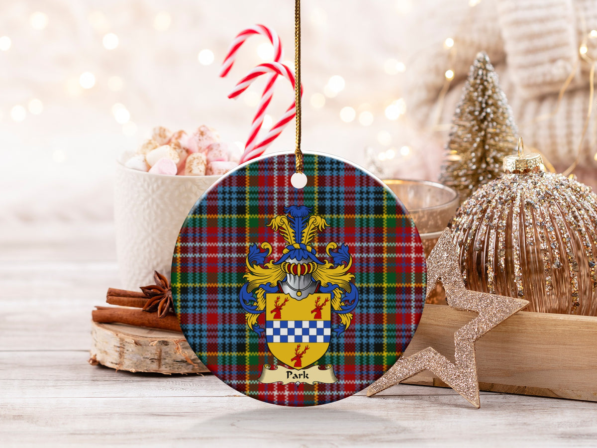 Double-sided Park ceramic ornament with family shield and Caledonia tartan background
