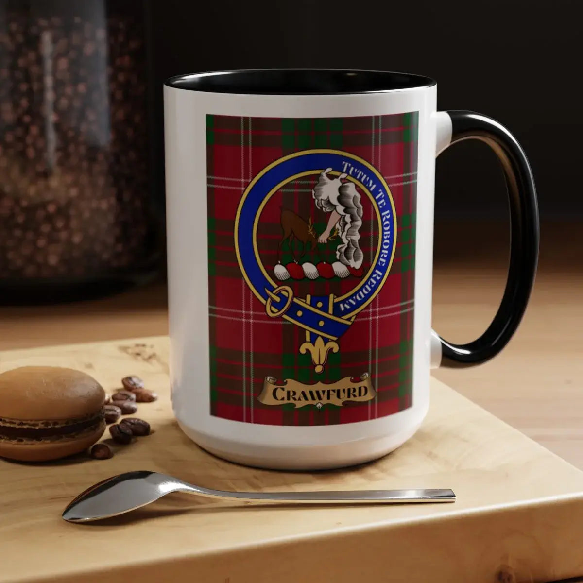 Crawfurd Clan Tartan Mug With Family Crest Design