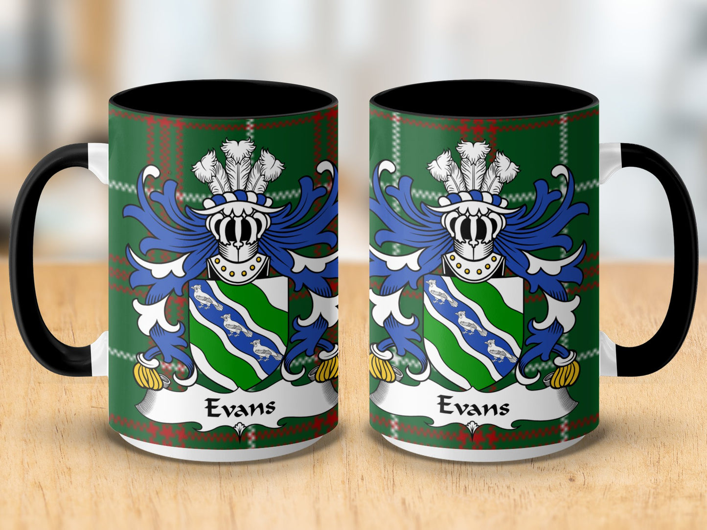 Evans Coat of Arms on Welsh National Tartan Mug - Living Stone Gifts