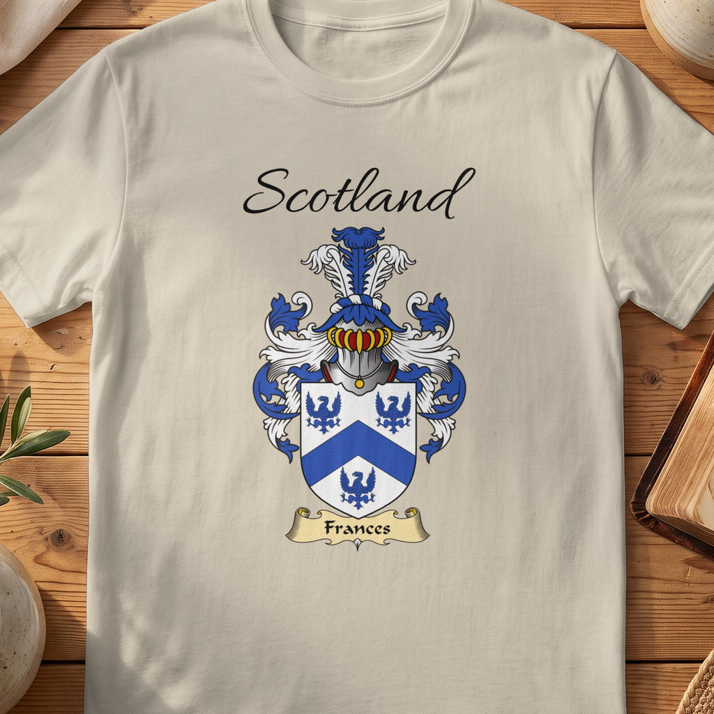 Sand Frances Scottish family shield T-shirt featuring blue birds around a blue chevron
