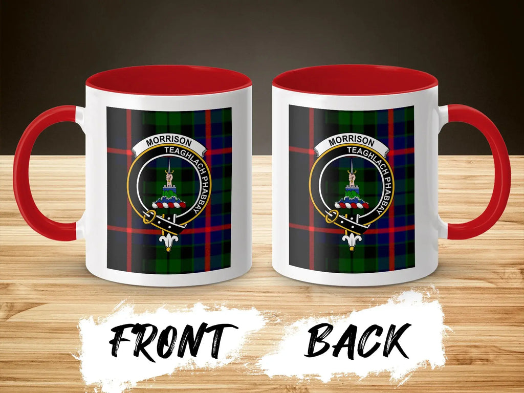 Morrison Teaghlach Phabbay crest mug shown front and back — glossy ceramic with clan tartan