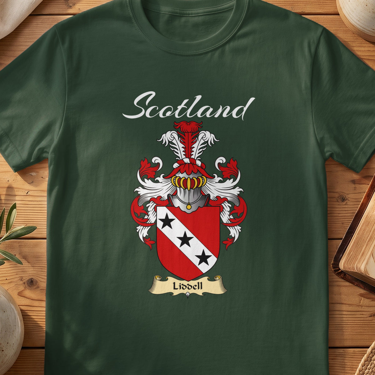 Forest Green Liddell Scottish T-shirt featuring a white diagonal band carrying three black stars