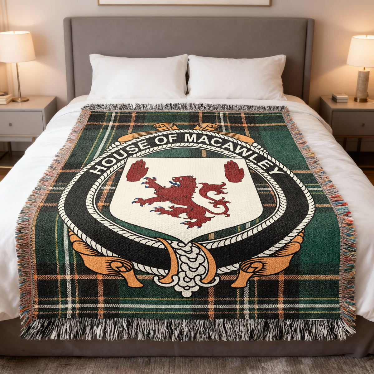 Macawley Irish National Tartan woven blanket with family crest emblem