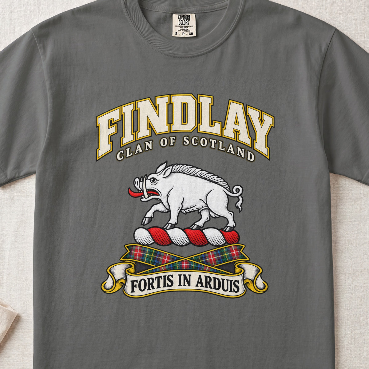 Findlay Scottish clan T-shirt in Pepper, front view with a white boar and motto banner.