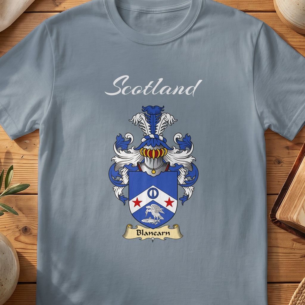 Blancarn Scottish family shield T-shirt in Stone Blue