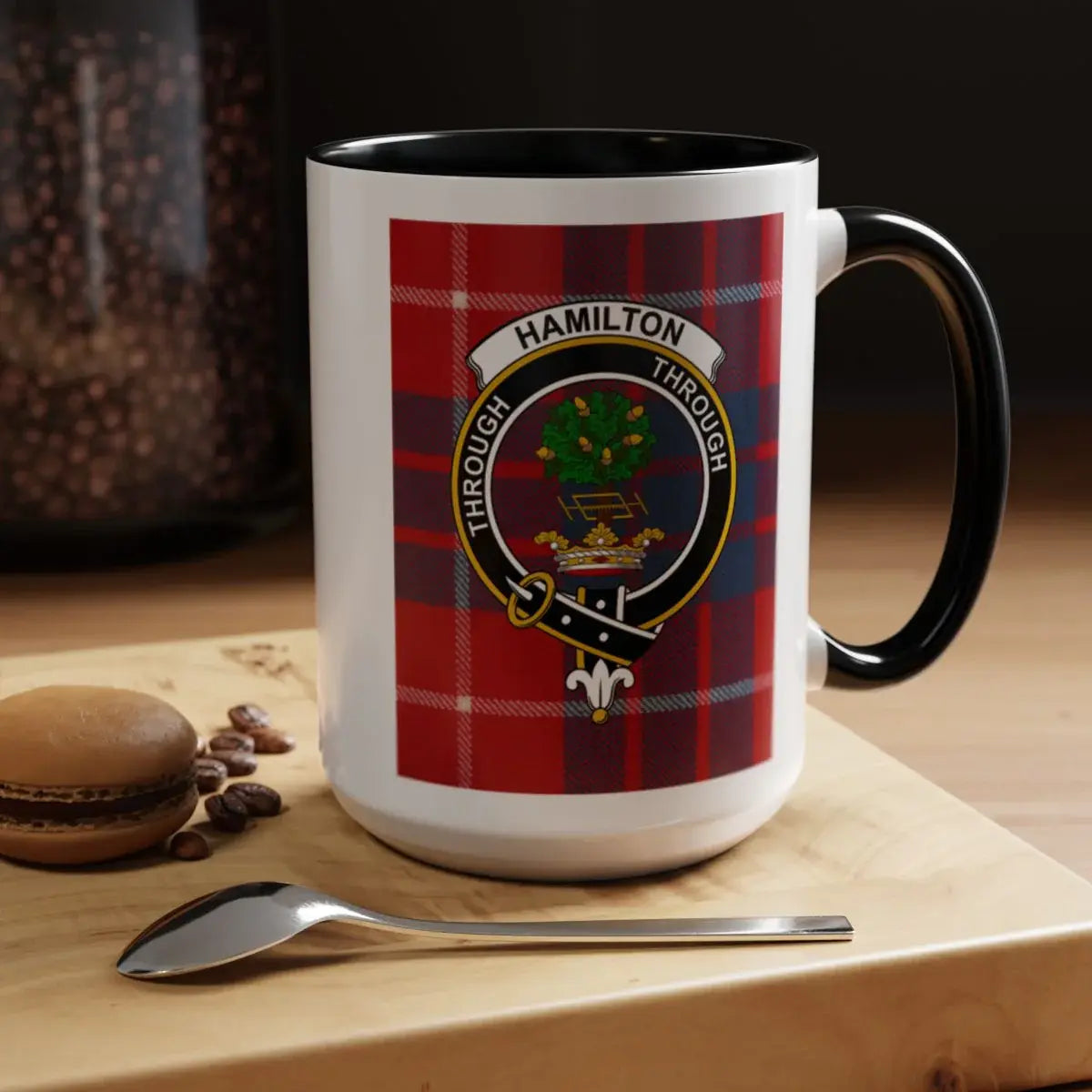Hamilton Through tartan design coffee mug — clan crest on 11oz glossy ceramic