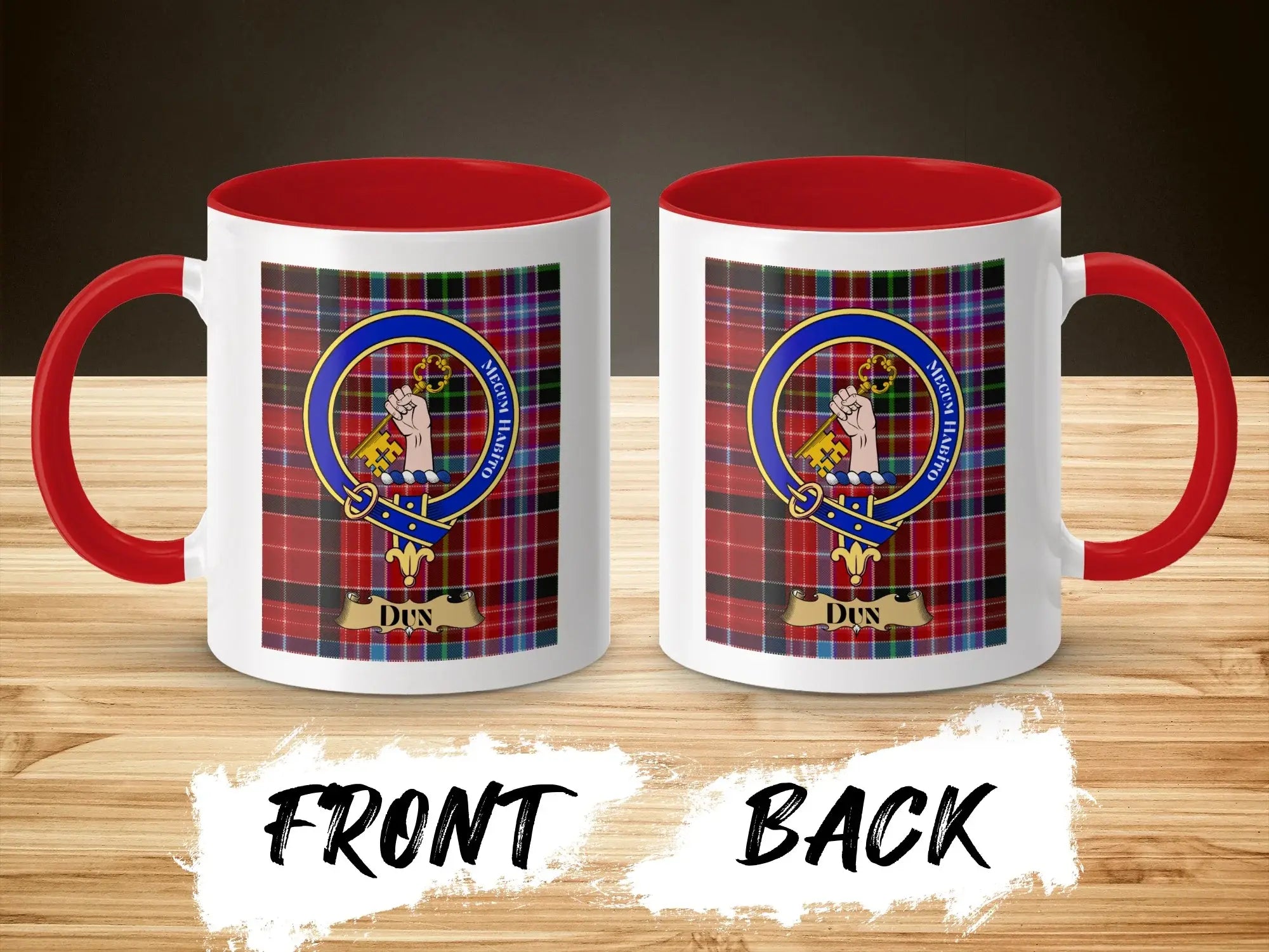Dun tartan-background crest mug shown as a Scottish heritage gift