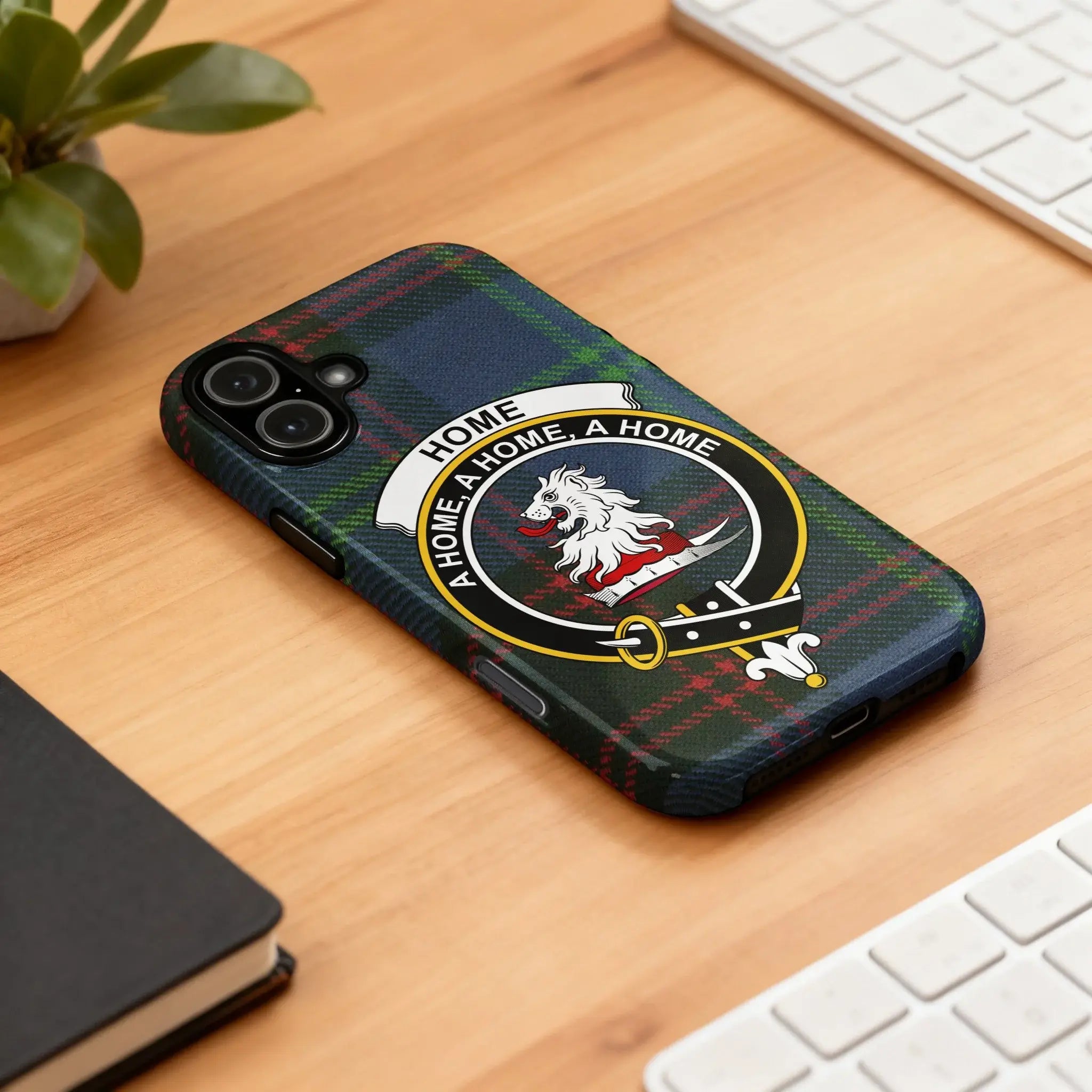 Home clan tartan plaid phone case with lion crest design — full heraldic wrap on glossy shell