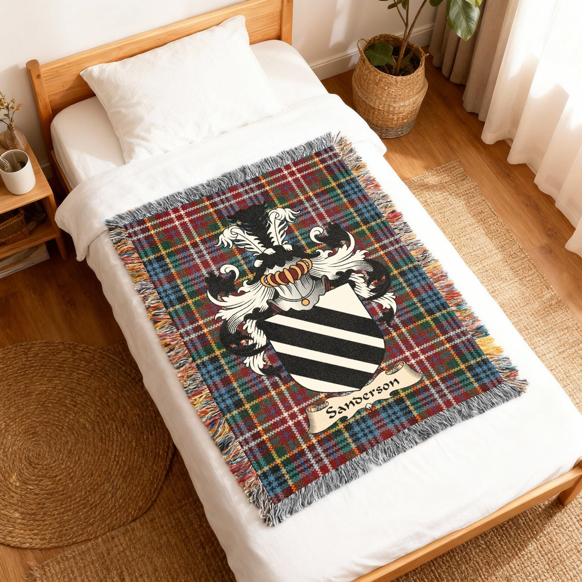 Sanderson Caledonia tartan heritage woven throw blanket with family shield
