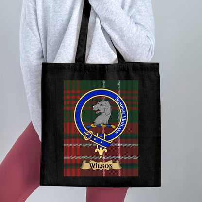 Scottish Clan Crest on Tartan Background Wilson Tote Bag - Living Stone Gifts