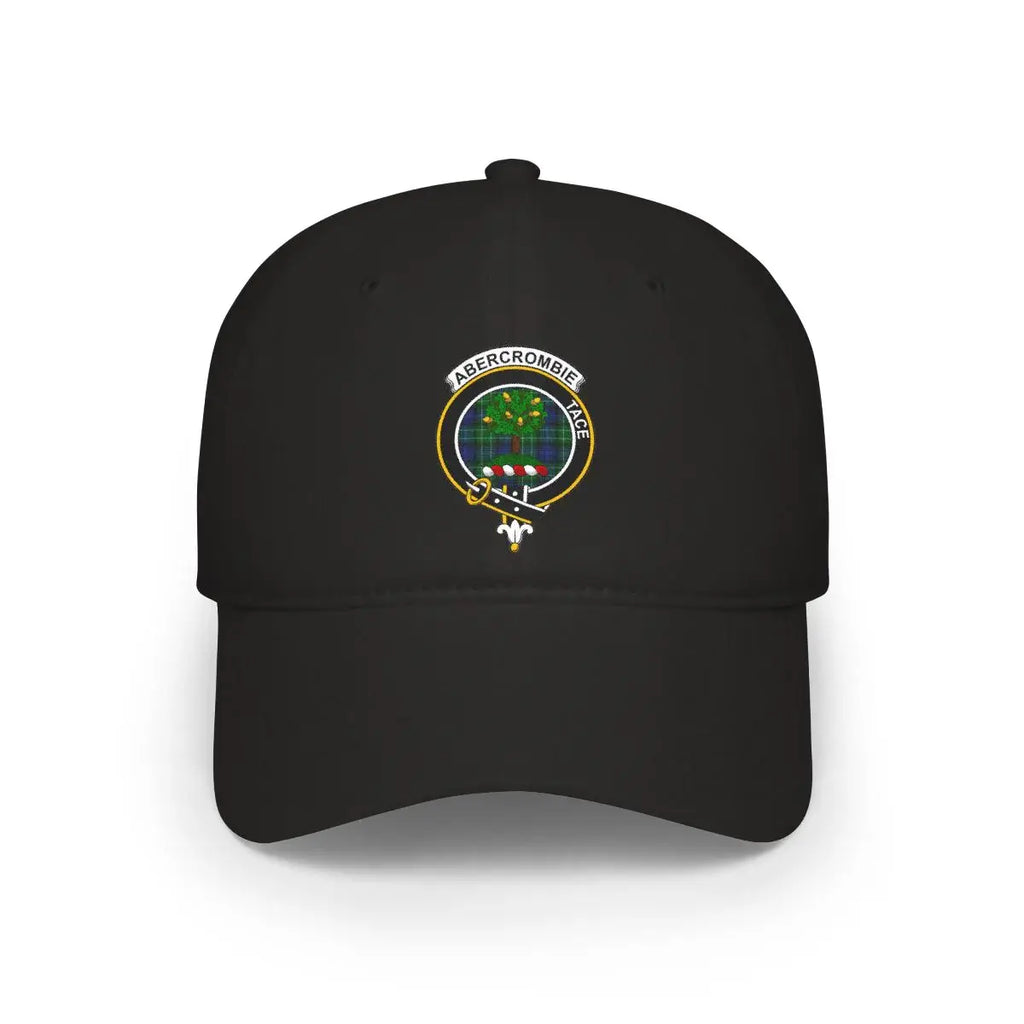 Clan Abercrombie tace printed black cap — clan crest front view