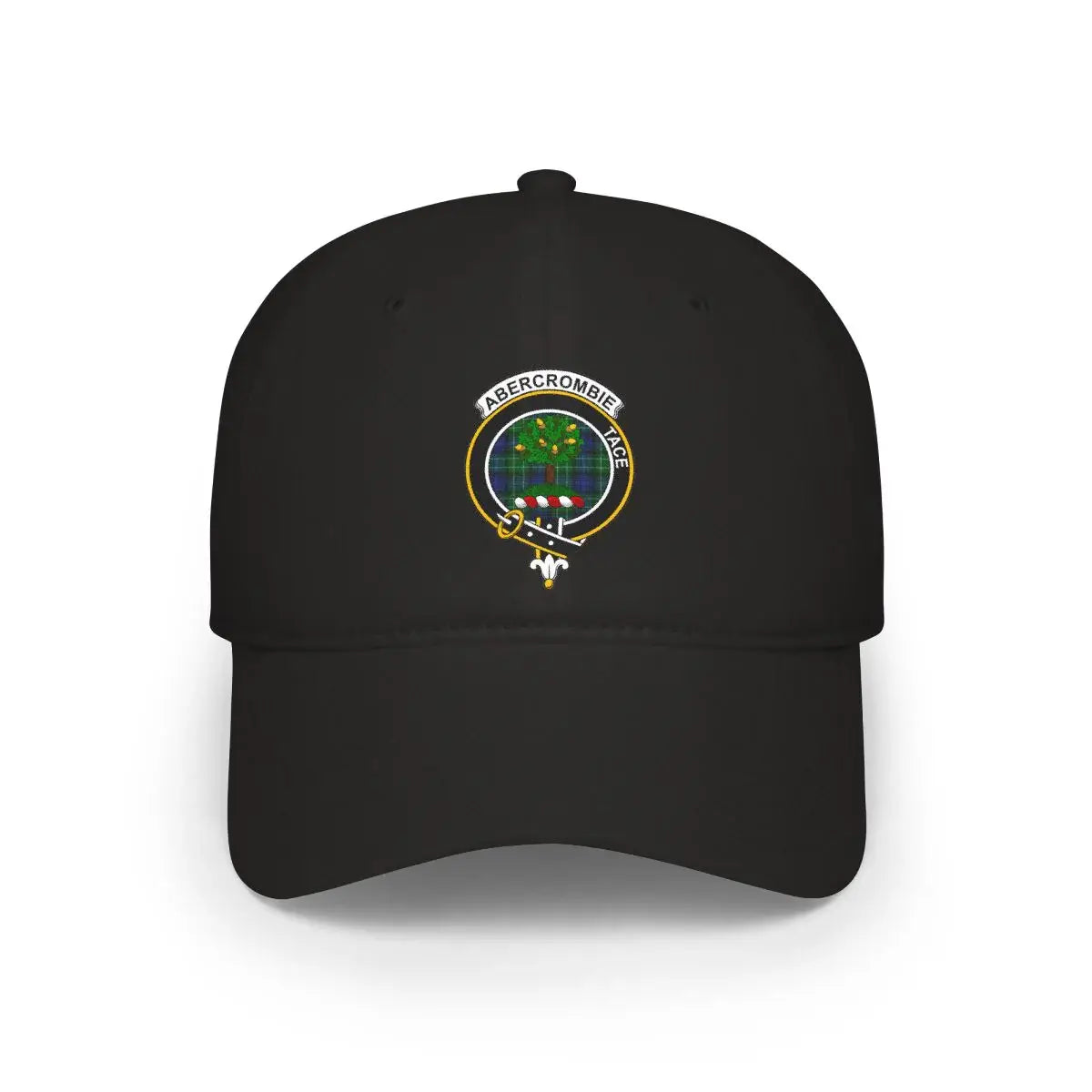 Clan Abercrombie tace printed black cap — clan crest front view