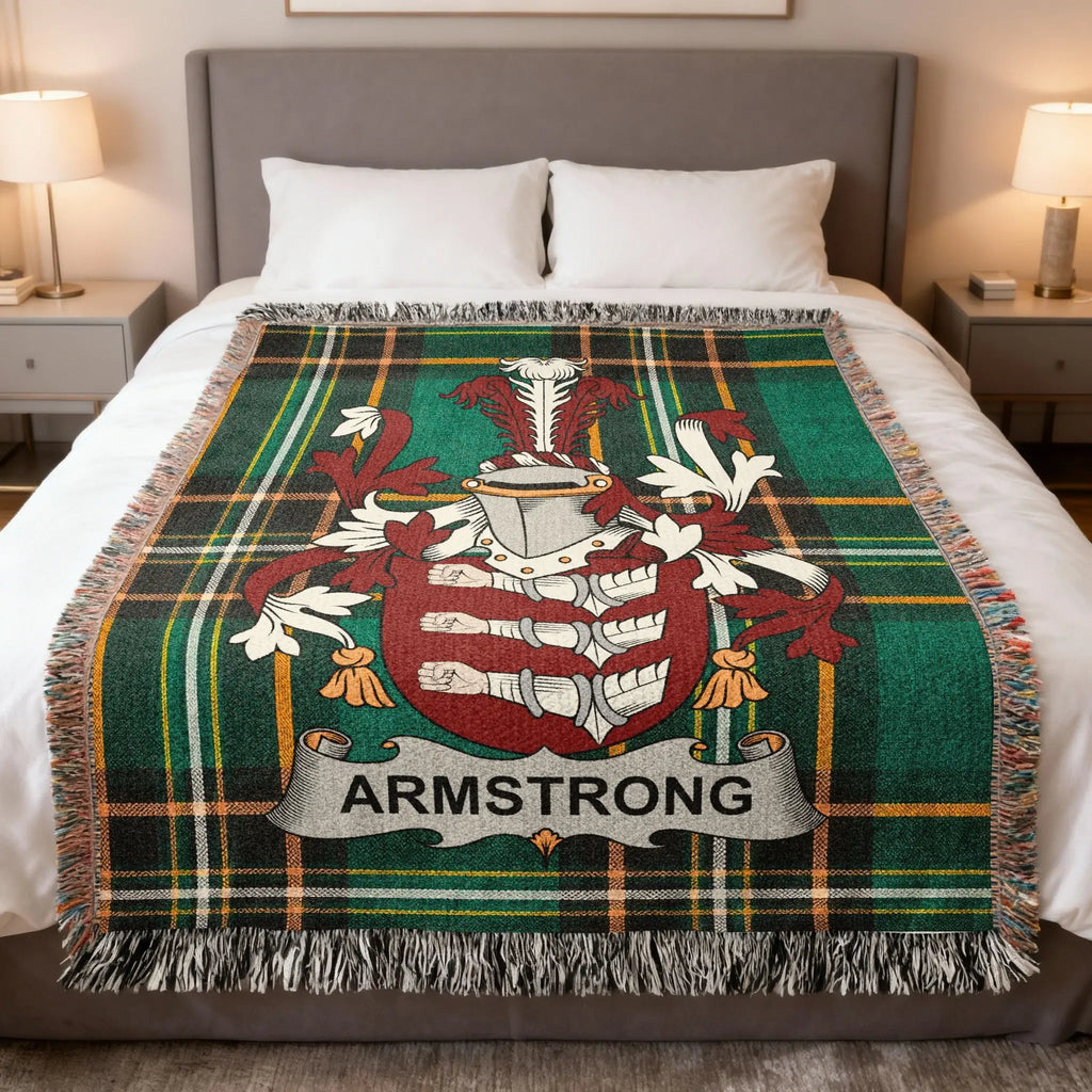 Armstrong Irish family crest woven blanket with Irish tartan design and fringed edges