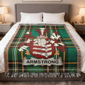 Armstrong Irish family crest woven blanket with Irish tartan design and fringed edges