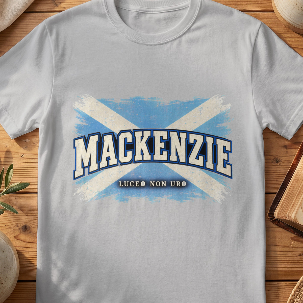 MacKenzie Scottish Saltire T-shirt in Sport Grey, with distressed blue and cream flag and “Luceo Non Uro” lettering.