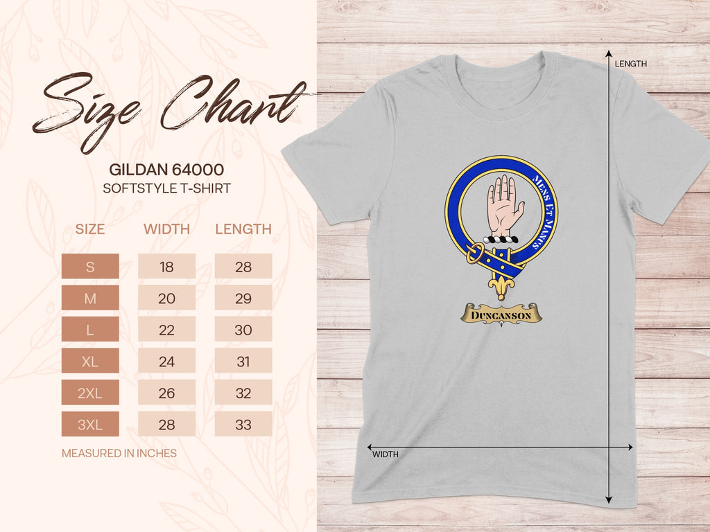 Gildan 64000 size chart for Duncanson Scottish clan crest T-shirt