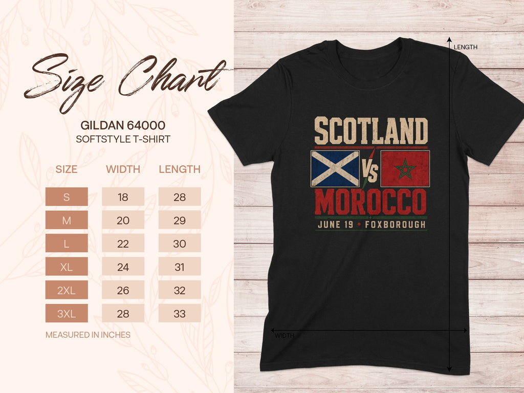 Size chart for Gildan 64000 t-shirt showing sizes S-3XL with width and length measurements.