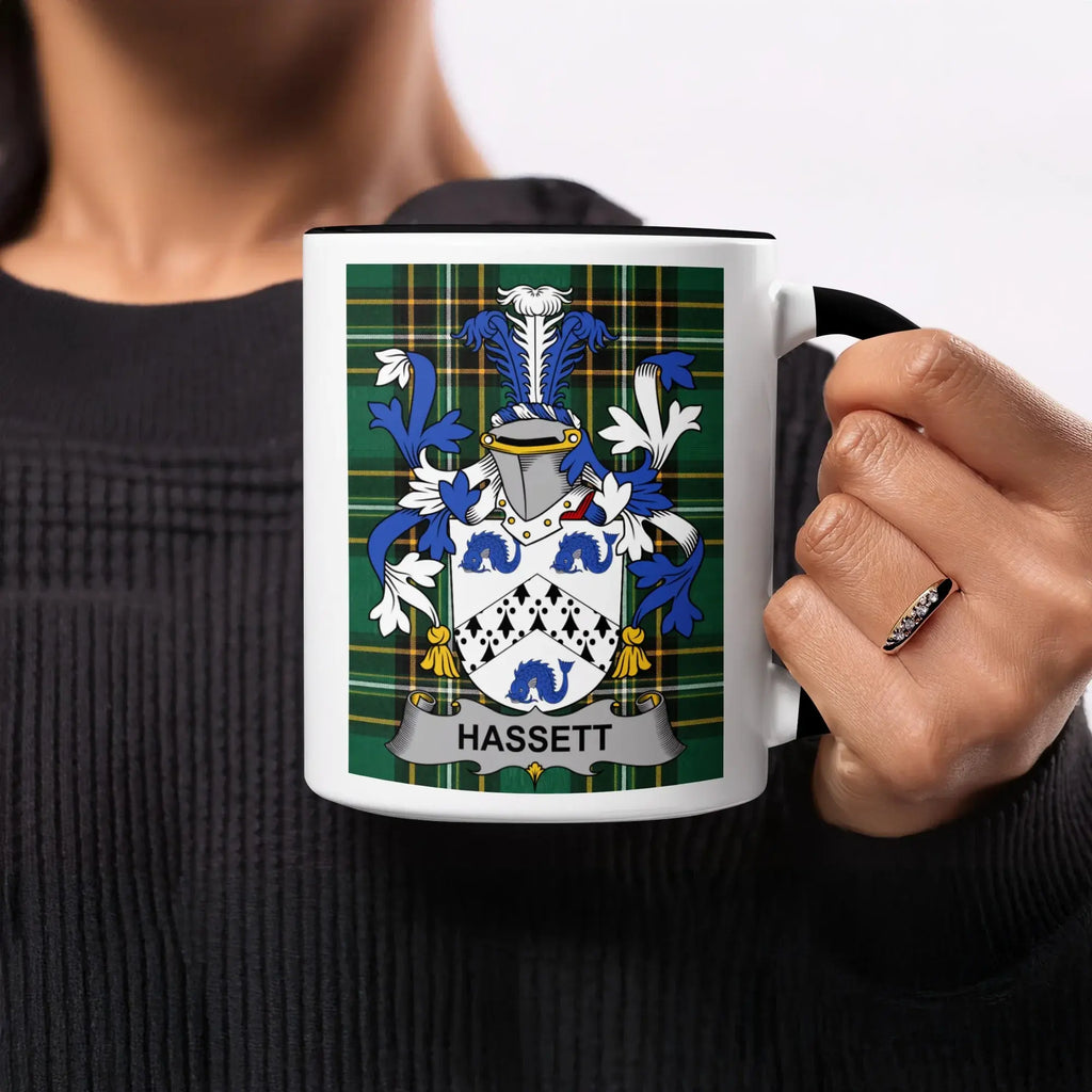 Mug with green tartan pattern and the Hassett family crest.