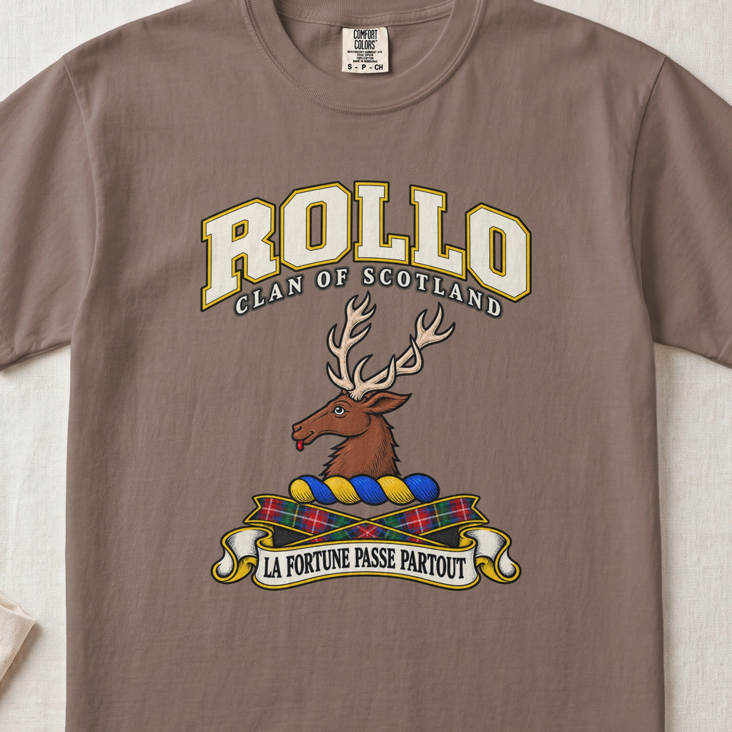 Rollo Scottish clan T-shirt in Espresso, front view with a brown stag head with antlers and motto design.