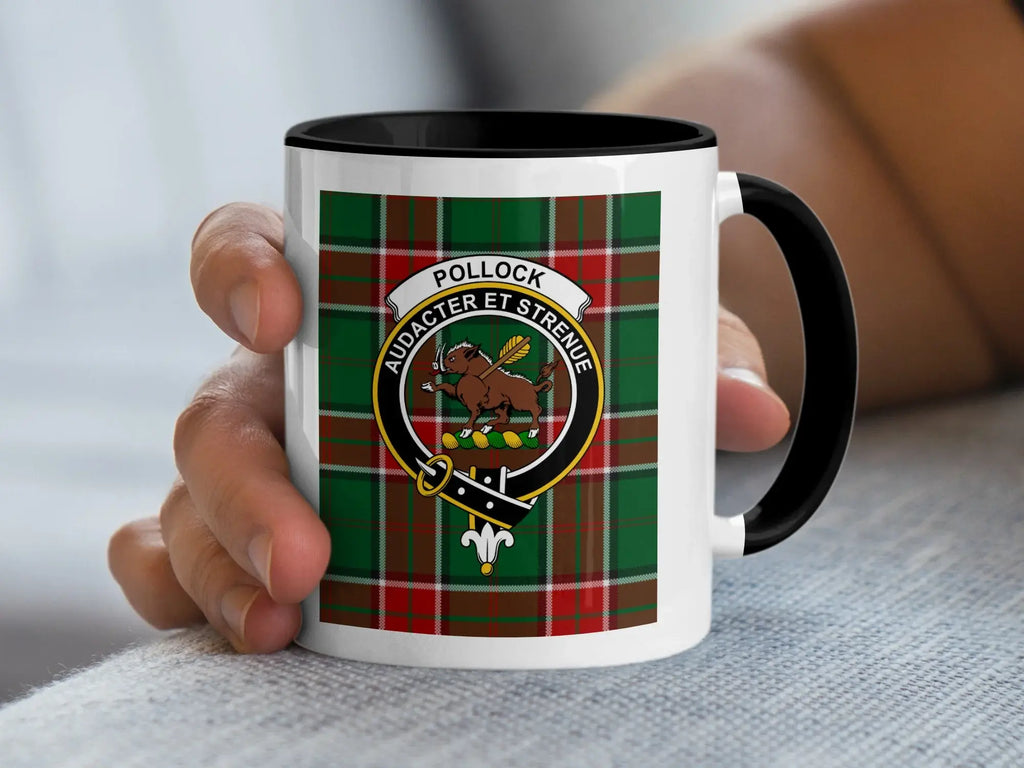 Pollock Audacter et Strenue plaid crest mug — 11 oz ceramic with red handle