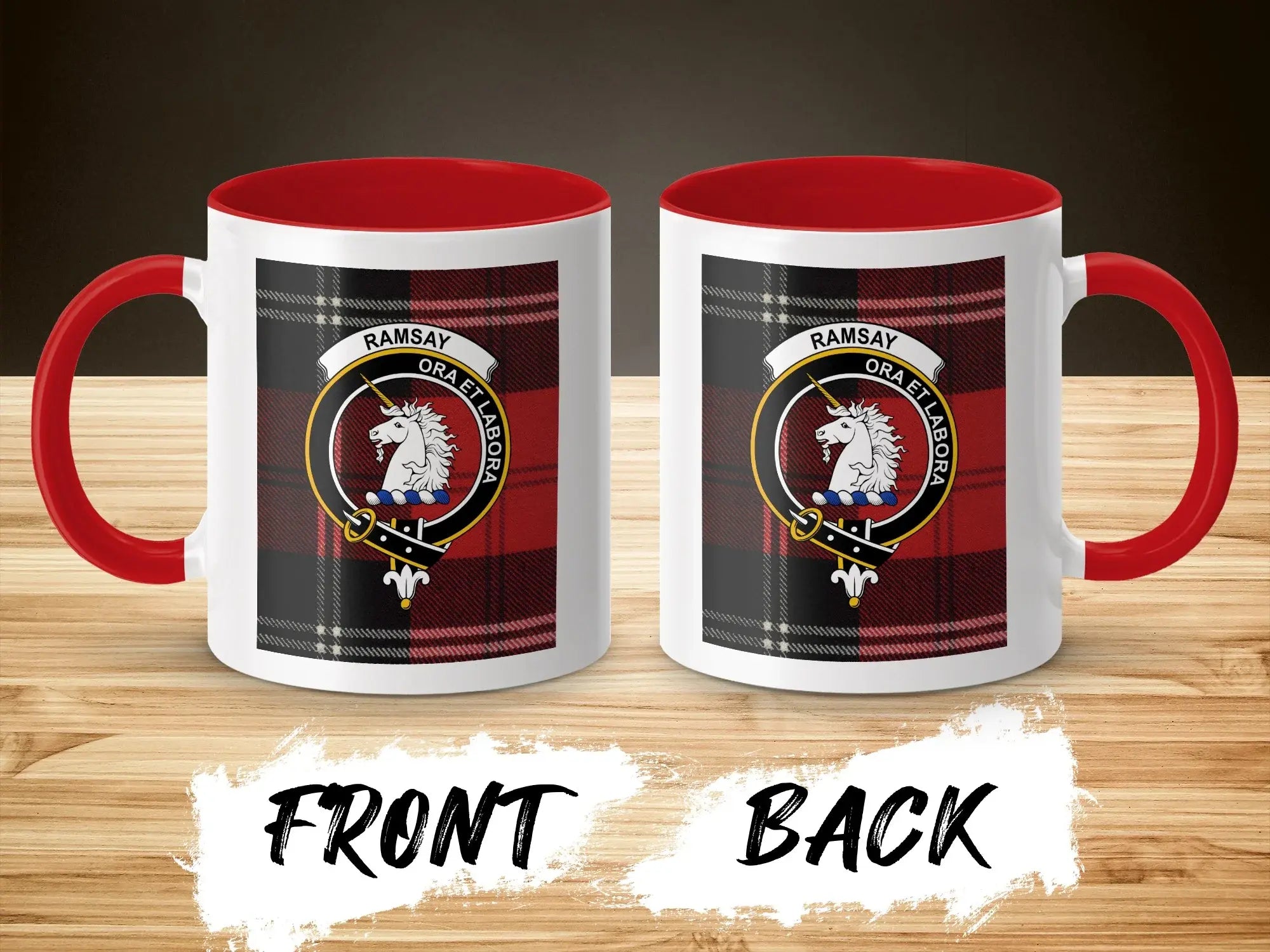 Clan Ramsay red plaid mug with black handle — coat of arms, 15oz