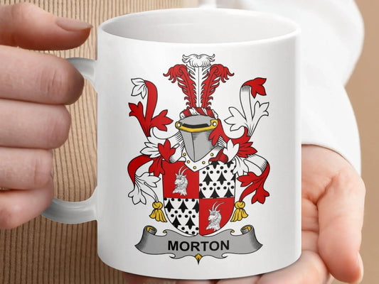Morton Family Crest Coat of Arms Heritage Mug - Celtic Ancestry Gifts
