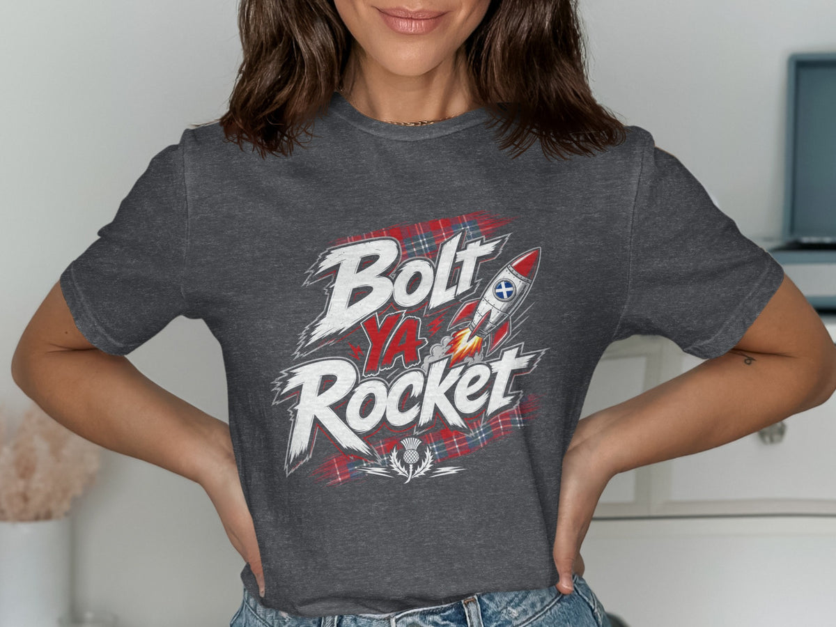 Dark grey t-shirt with "Bolt Ya Rocket" text, a rocket, and tartan pattern.