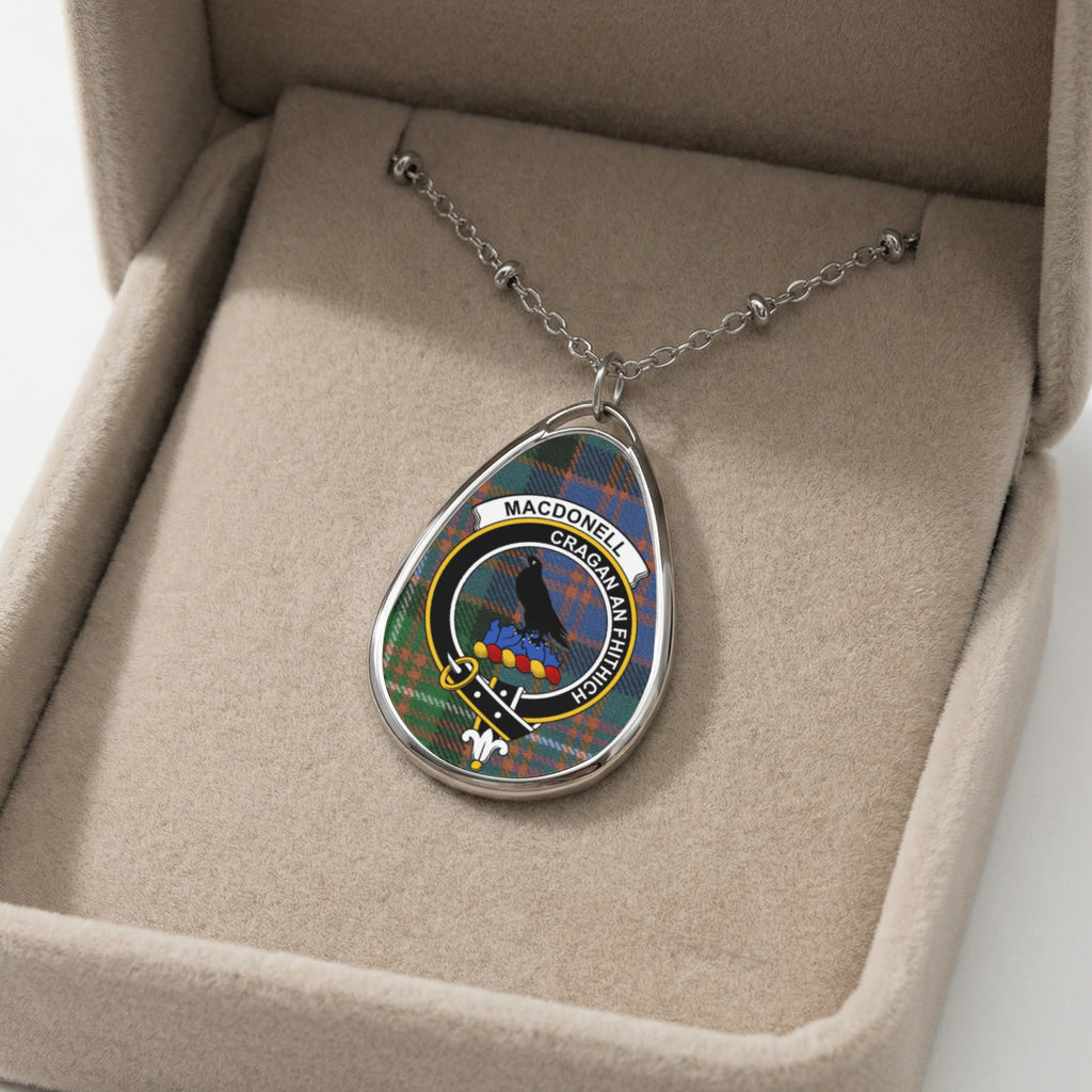 Macdonell tartan oval pendant necklace with clan crest and motto.