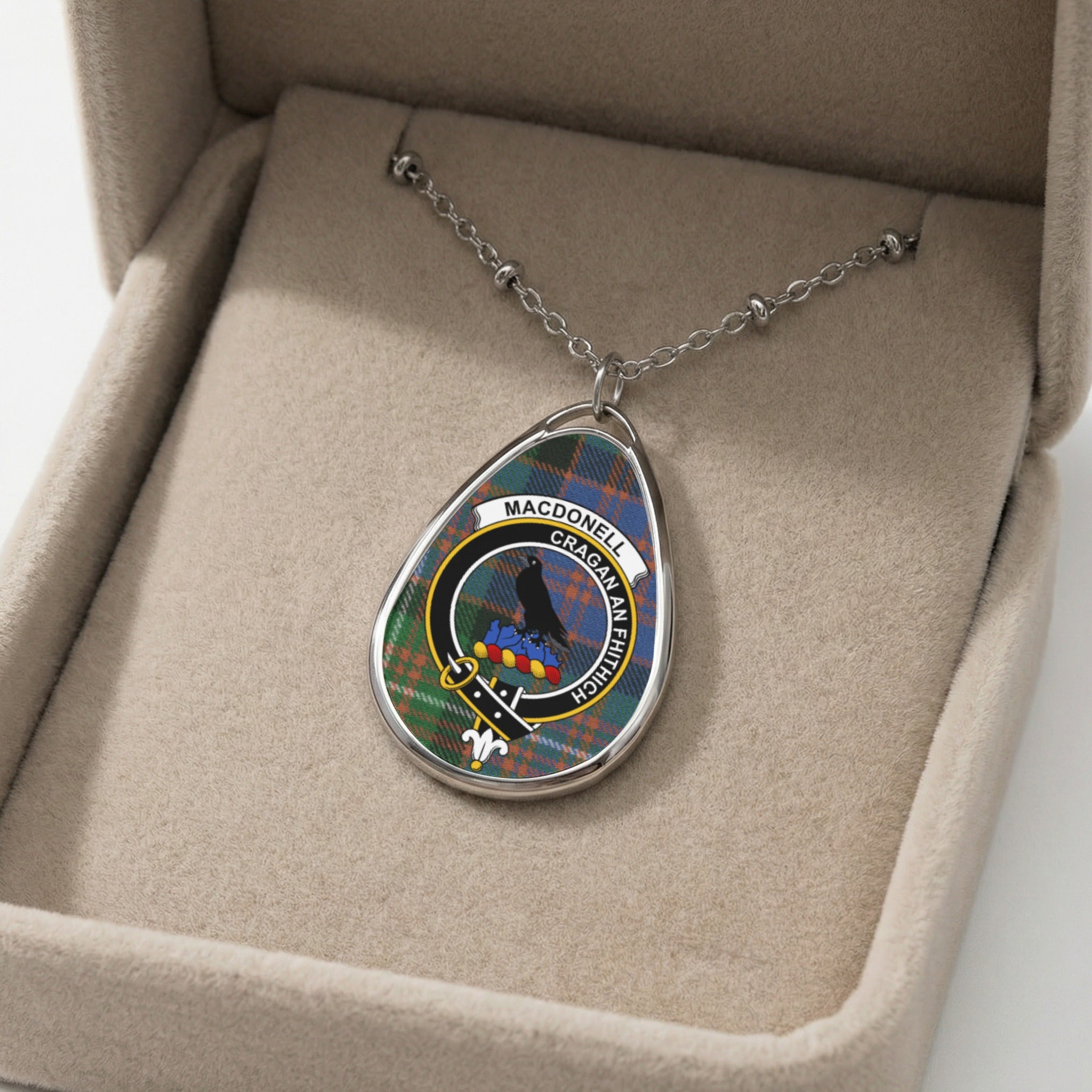 Macdonell tartan oval pendant necklace with clan crest and motto.