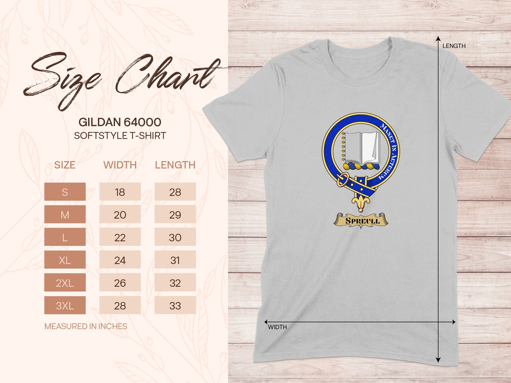 Gildan 64000 size chart for Spreull Scottish clan crest T-shirt