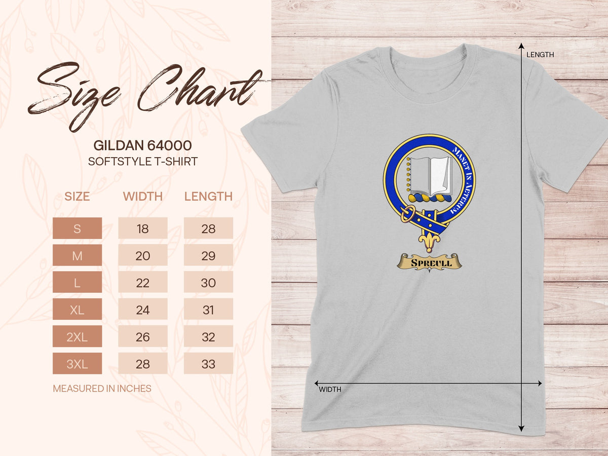Gildan 64000 size chart for Spreull Scottish clan crest T-shirt